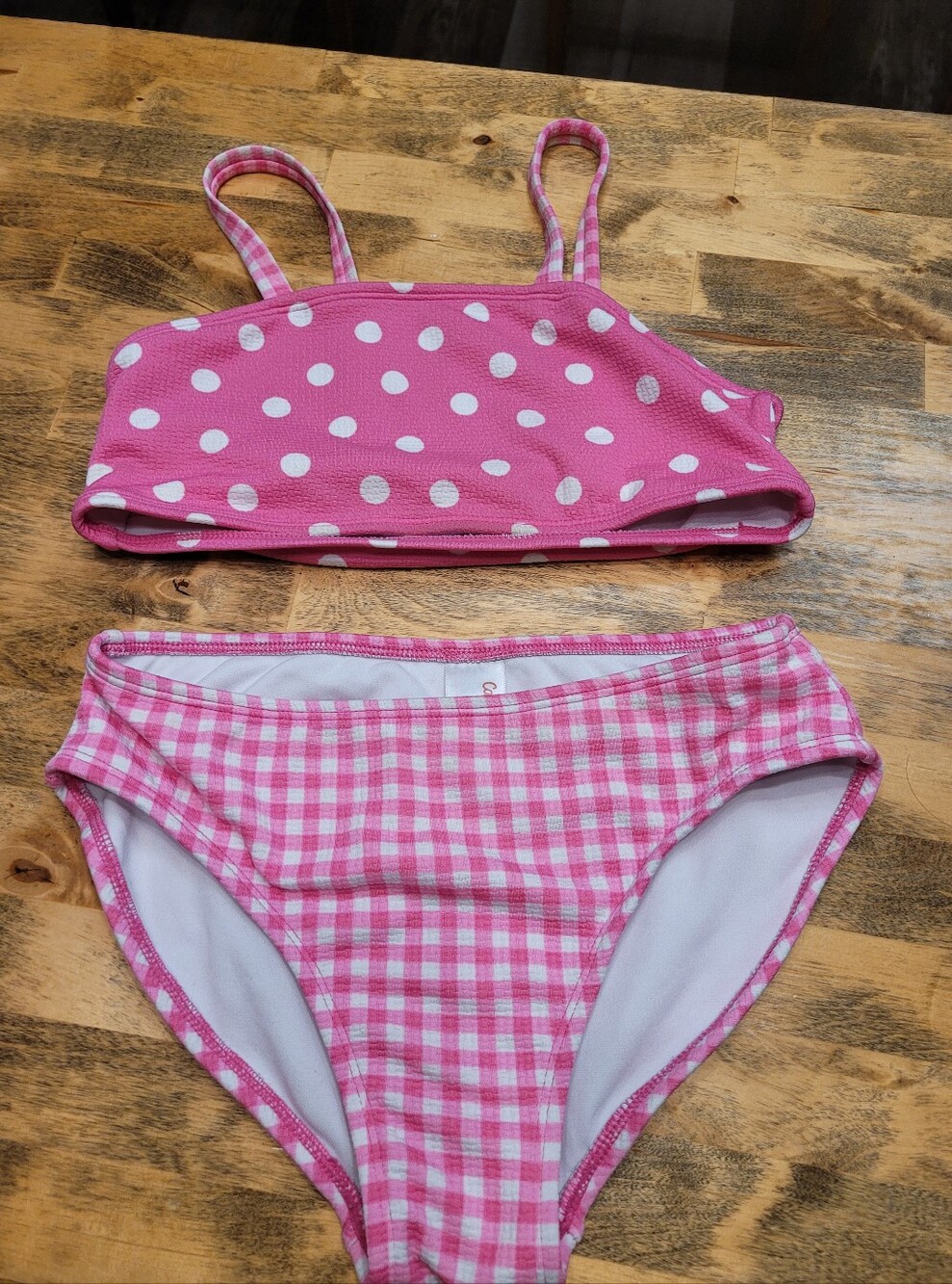 Kids Pink Polka Dot & Gingham Two-Piece Swim Set